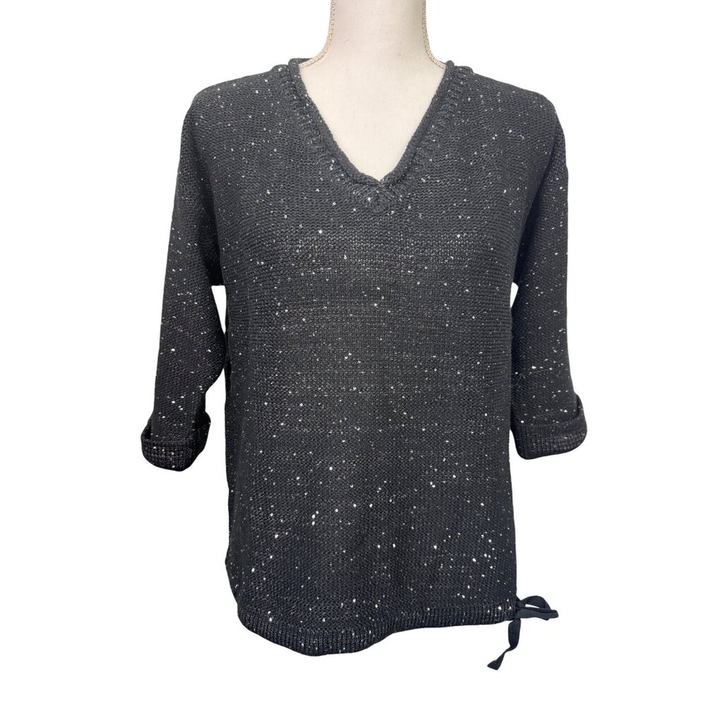 DKNY Jeans Womens XL Sequin V-Neck Sweater Black Light Soft Comfortable